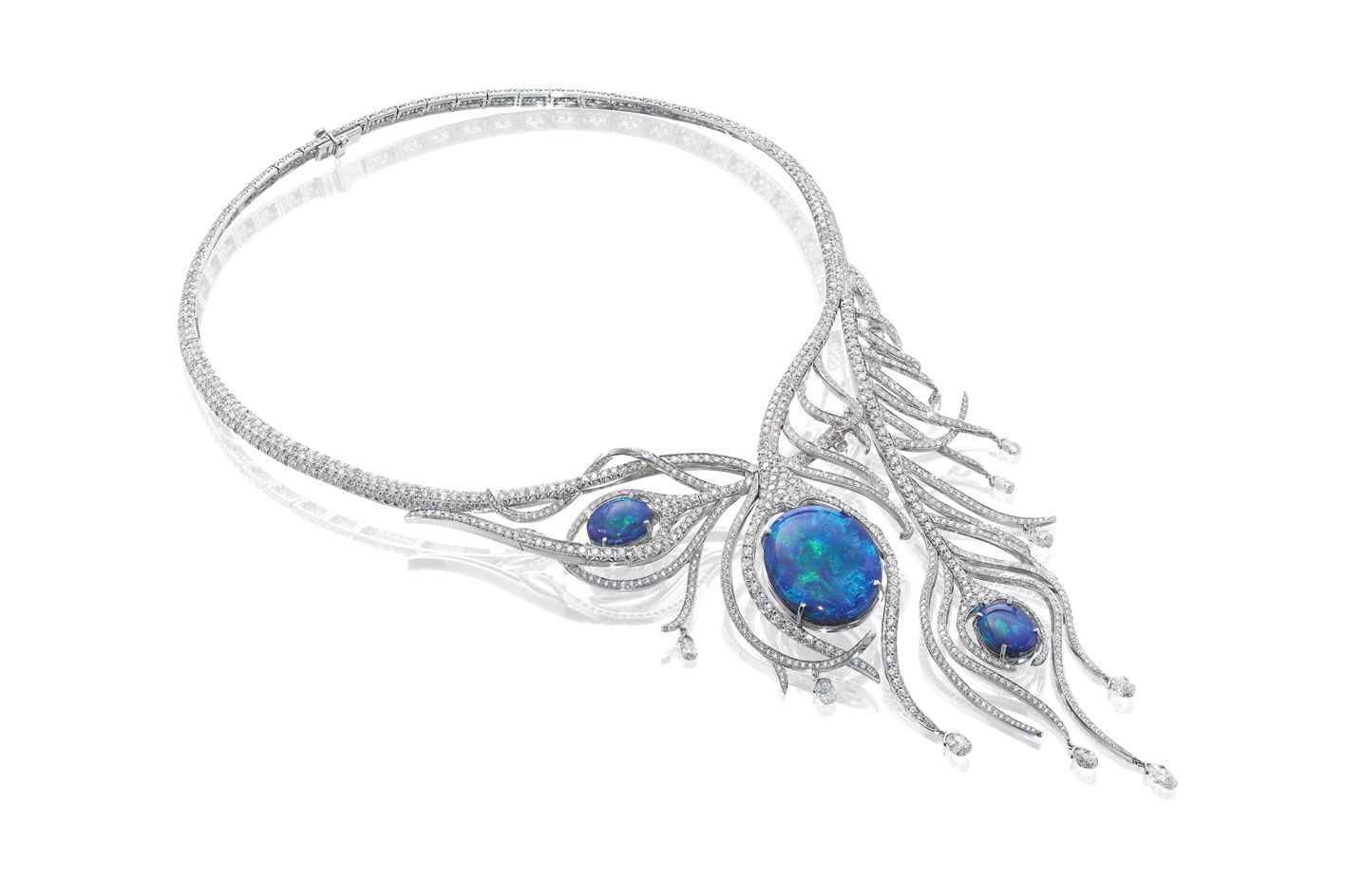 Boodles Peacock Opal High Jewellery necklace featuring an oval cut opals within diamond set tendrils and  briolette cut diamonds from the  Wonderland collection