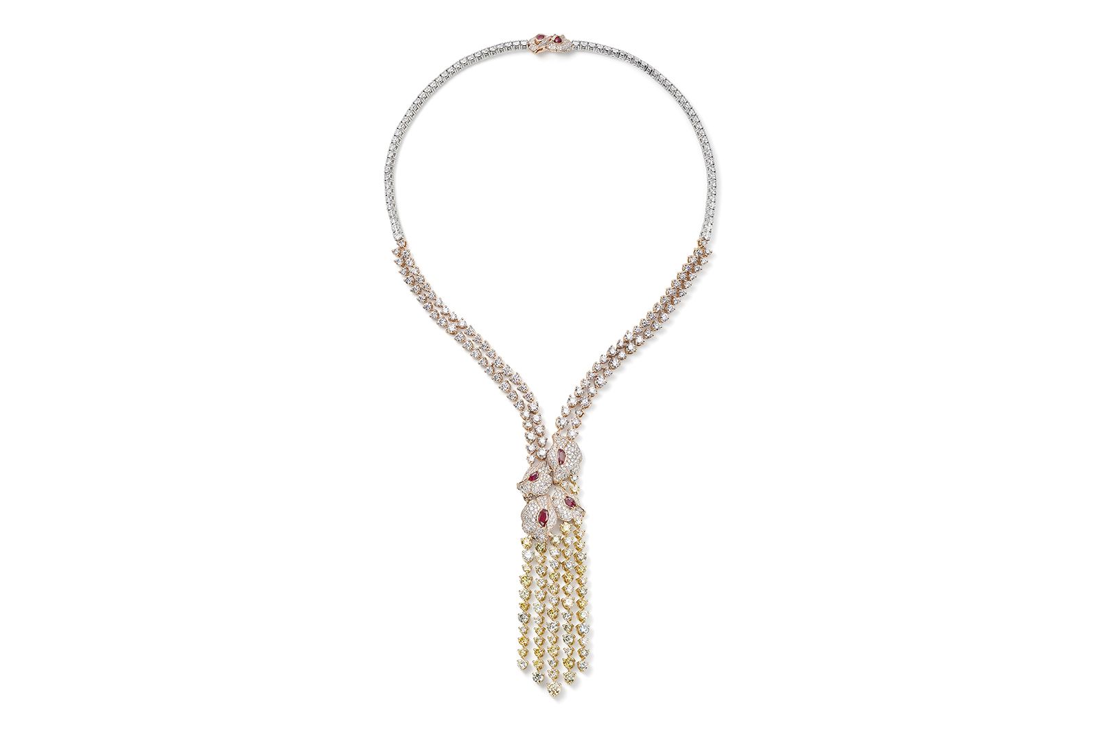 Boodles Poppy Meadow High Jewellery necklace set with rubies and multi-coloured diamonds in platinum, rose and yellow gold