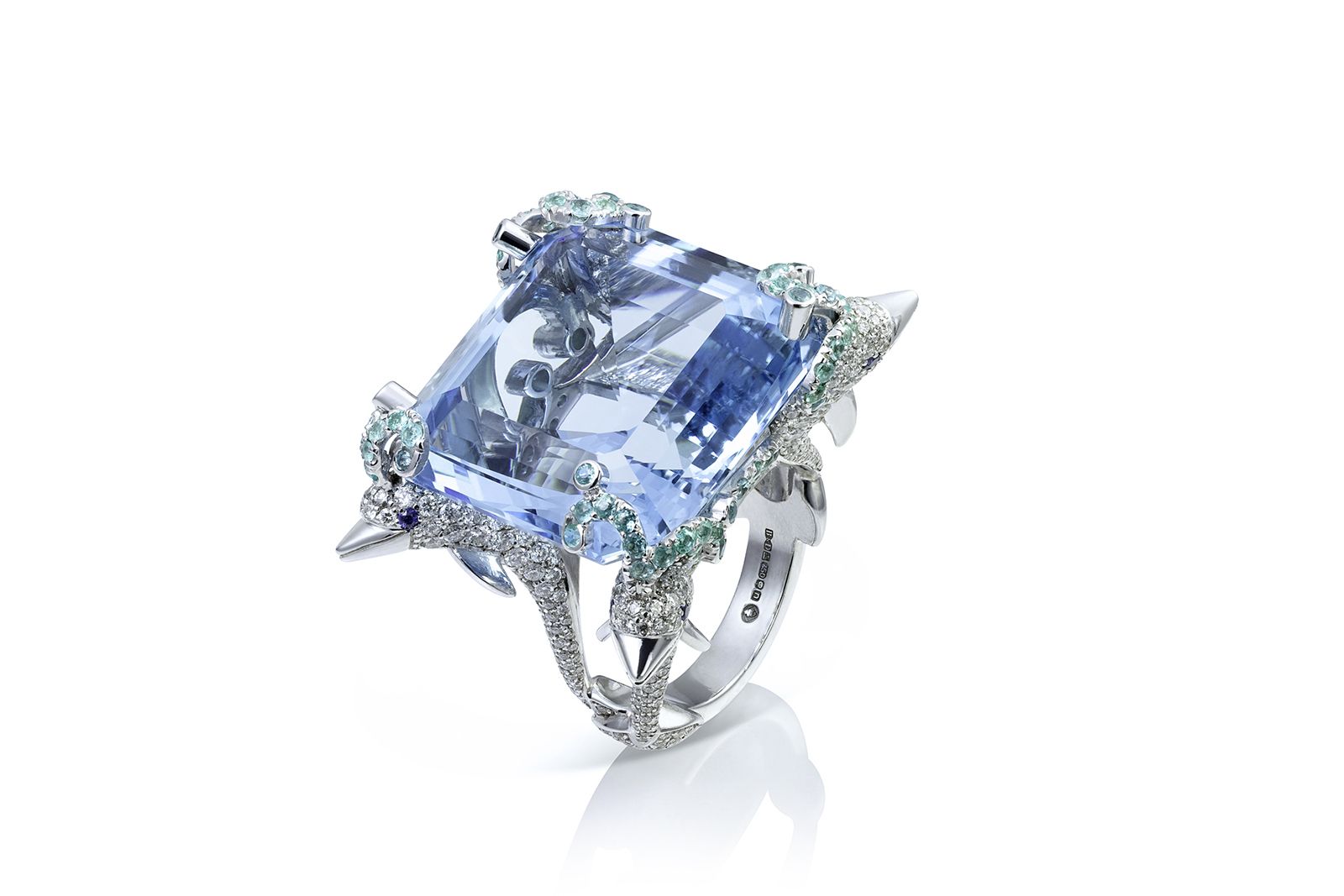 Boodles Dolphin High Jewellery ring featuring a 50-ct  aquamarine, Paraiba tourmalines and diamonds, mounted in white gold, from the Wonderland collection