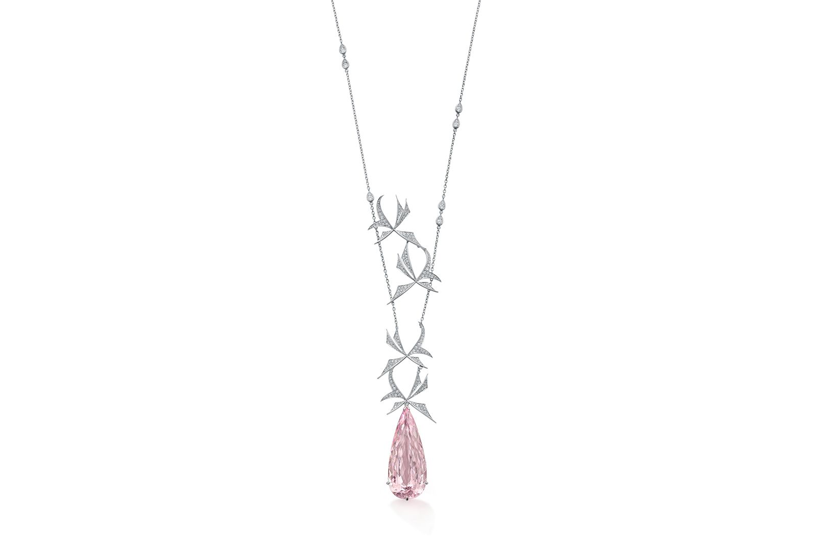  Boodles Royal Ballet High Jewellery necklace featuring a pear shaped 26-ct morganite drop pendant and round brilliant diamond set in platinum
