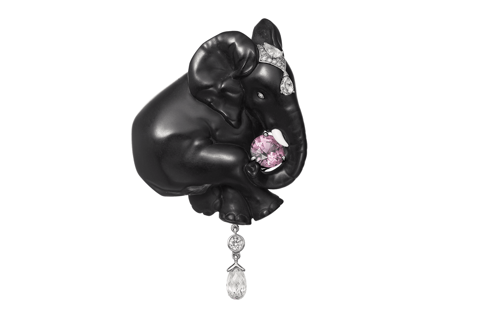  Cartier Éléphant Noir brooch in petrified magnolia wood, pink sapphires and a briolette diamond from the Beautés du Monde High Jewellery collection 