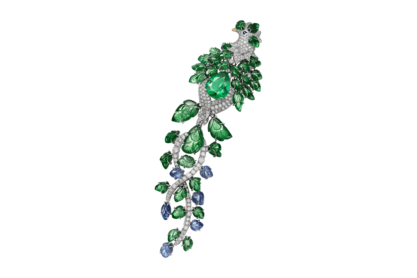  Cartier Quetzal shoulder jewel/brooch from the Beautés du Monde High Jewellery collection with Paraiba tourmalines, sapphires, diamonds and engraved tsavorites