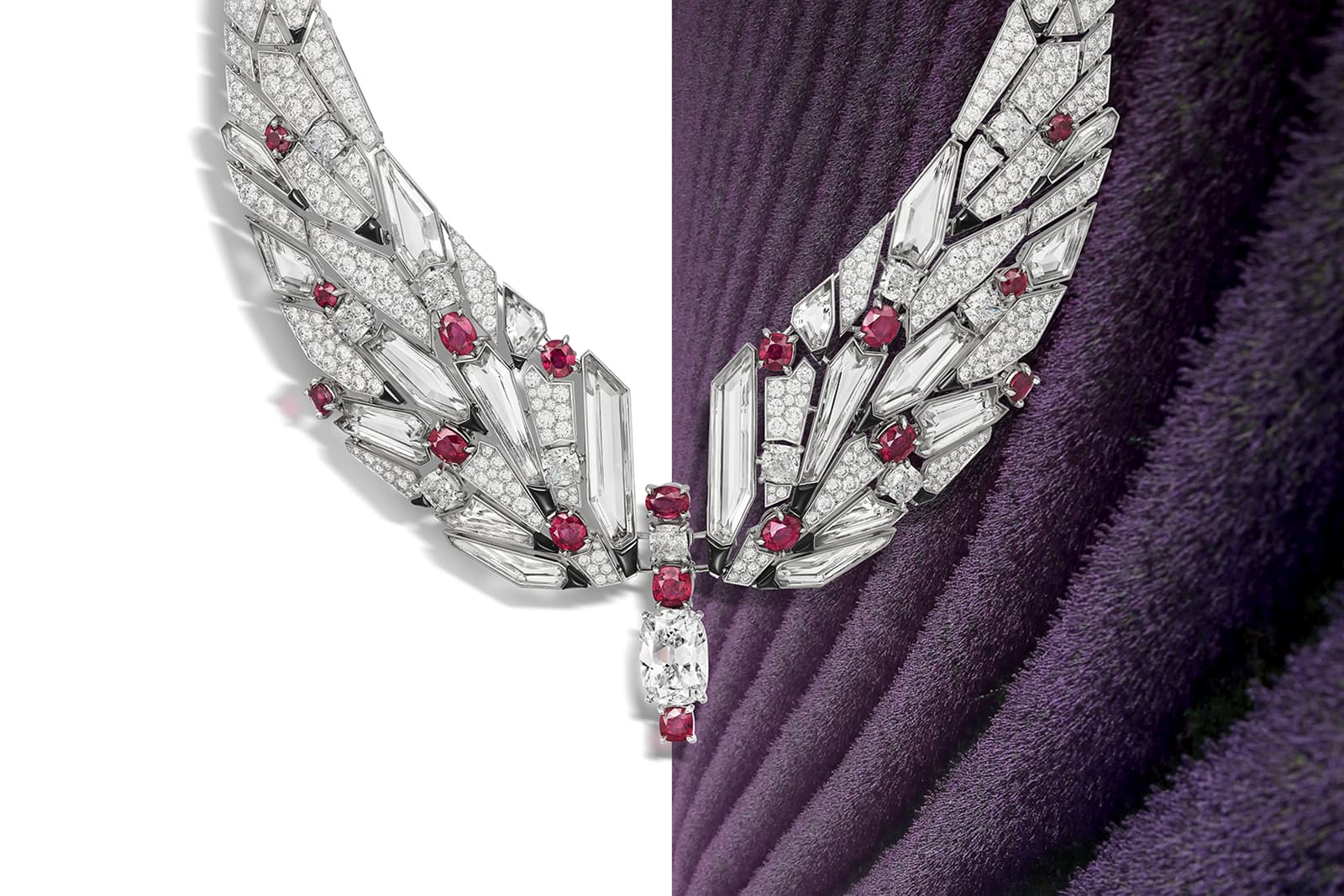 Cartier Cymbale necklace with diamonds, rock crystal, rubies and onyx from the Beautés du Monde High Jewellery collection 