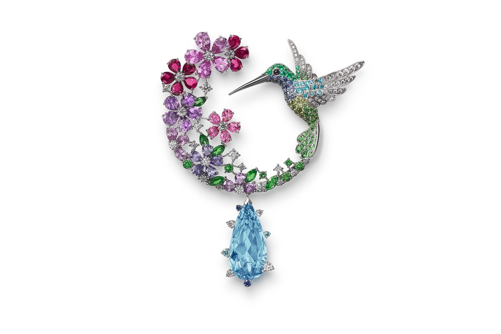  Mikimoto America Hummingbird brooch in 18K white gold with aquamarine, sapphire, emerald, spinel, garnet, onyx, peridot, tourmaline, ruby and diamonds from the Wild and Wonderful High Jewellery collection