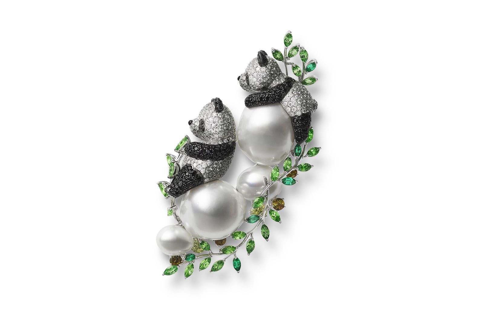  Mikimoto Eurasia Panda brooch with white South Sea cultured pearls, emerald, tourmaline, garnet, spinel, onyx and diamond from the Wild and Wonderful High Jewellery collection