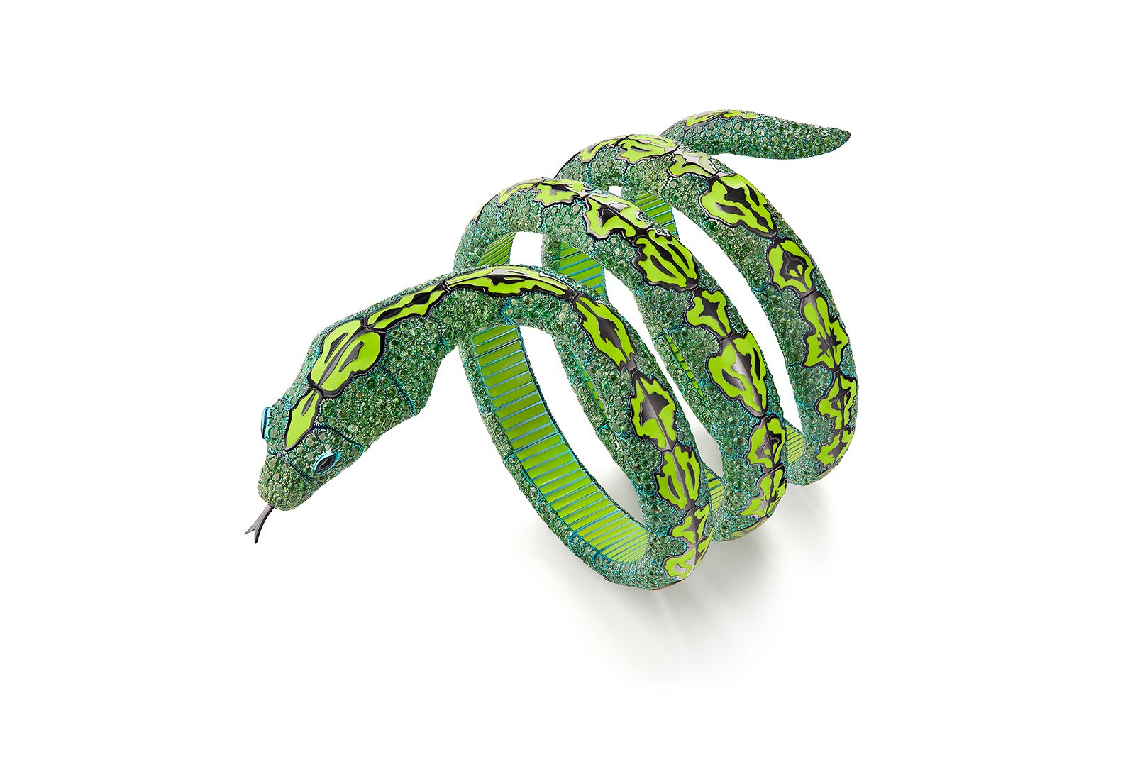  Boucheron tsavorite, onyx, lacquer and titanium Serpent bracelet from the Carte Blanche Ailleurs High Jewellery collection