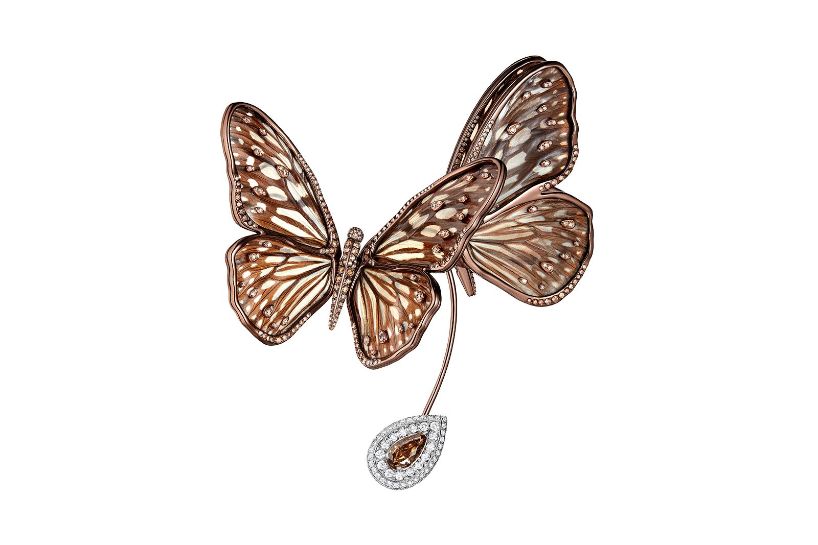  Boucheron Earth Woman Papillon earring with natural butterfly wings set with brown diamonds in titanium from the Carte Blanche Ailleurs High Jewellery collection 
