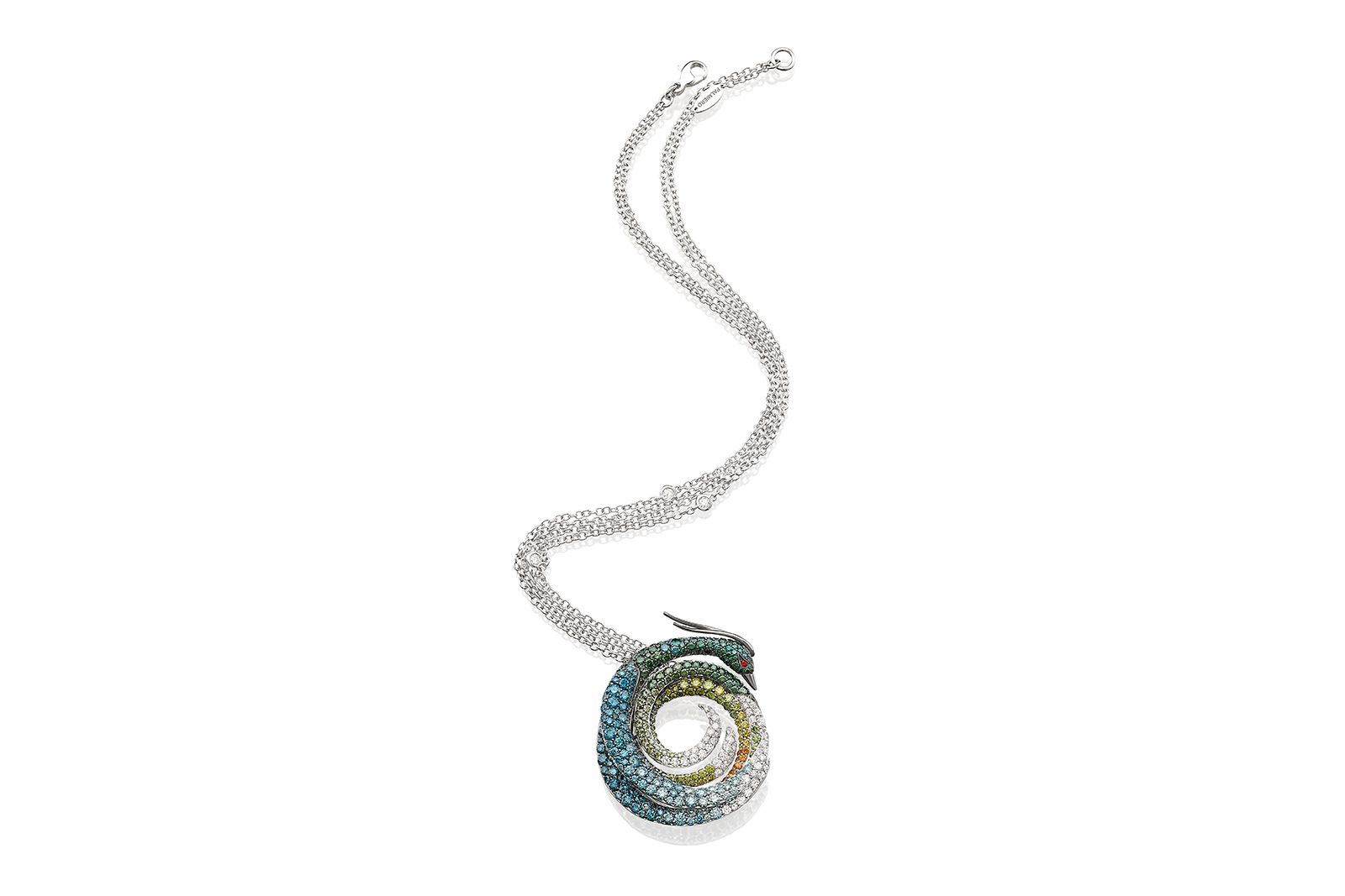 Palmiero Peacock necklace with white, blue, green and orange gemstones 