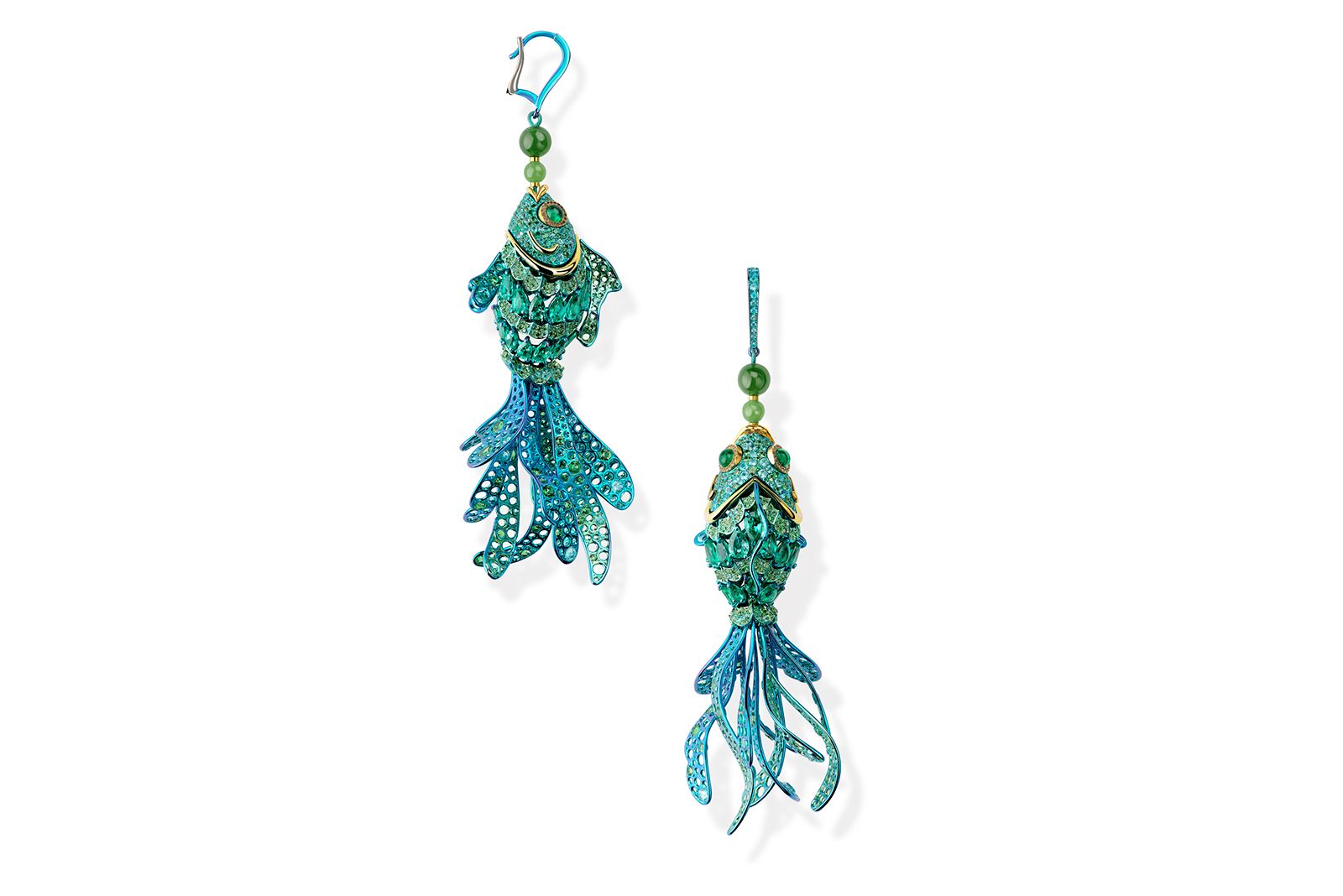  Chopard Loves Cinema fish earrings crafted in titanium with blue and green gemstones 