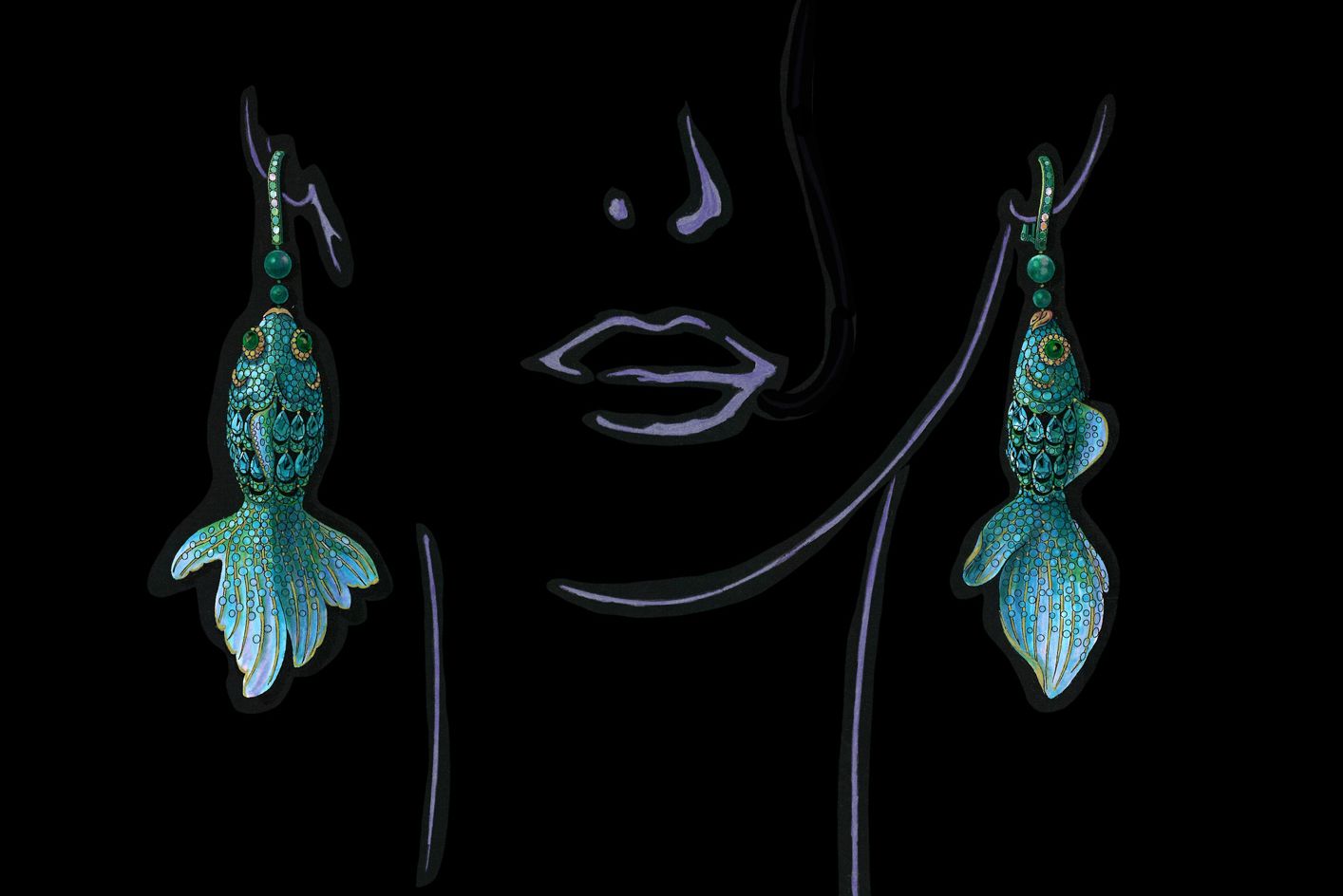 An artist's interpretation of a pair of Chopard fish earrings in titanium