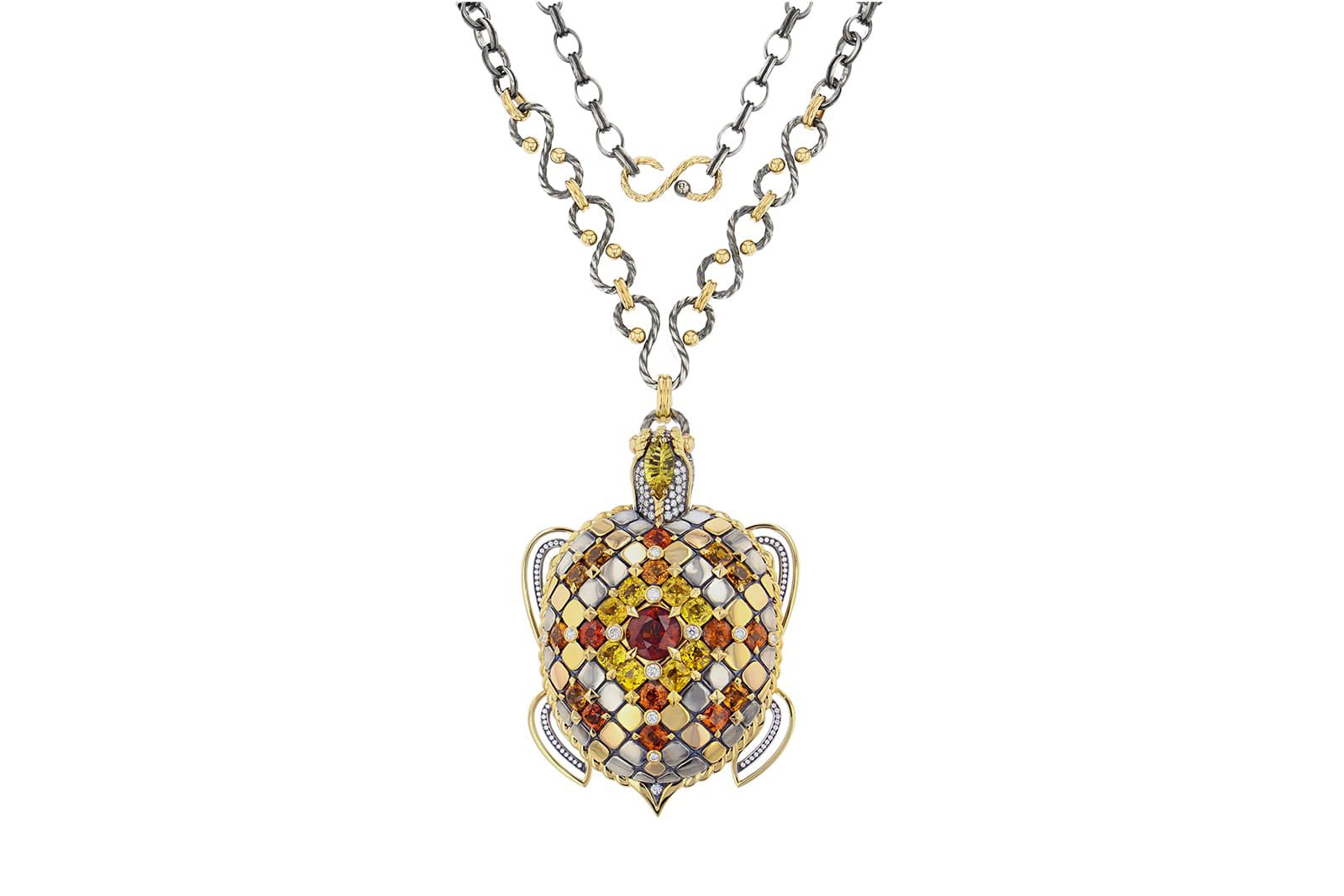  Elie Top Tortoise pendant from the Magica Naturae Collection set with orange, yellow and cognac sapphires, diamonds and a beryl