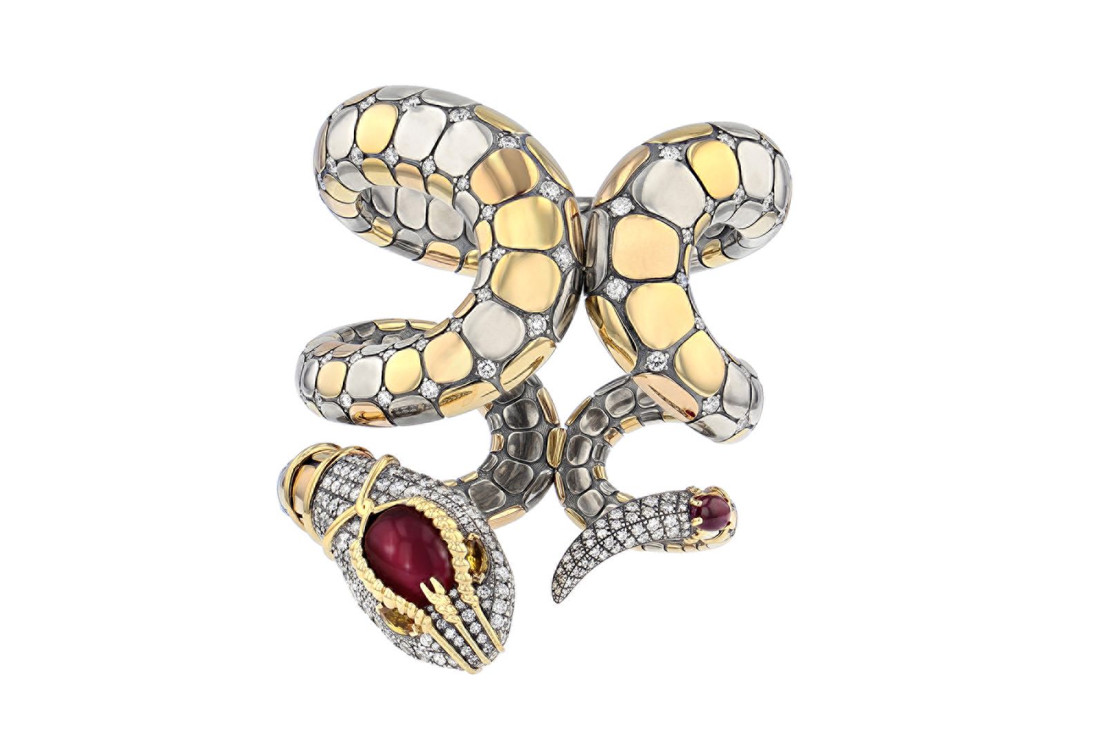  Unique Elie Top Serpent bracelet from the Magica Naturae Collection with an articulated head in diamonds, topped with an 8.88 carat rubellite, yellow sapphires, patinated yellow gold, pink gold and silver, and a ruby cabochon 