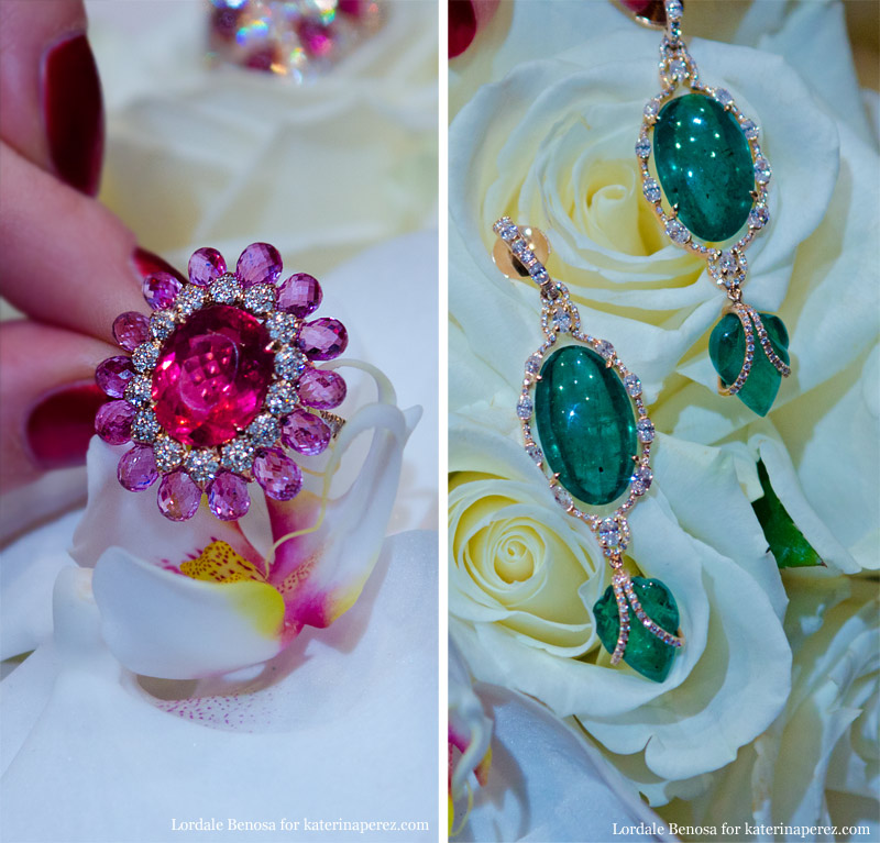 Inbar pink sapphire ring and emerald  earrings at Couture