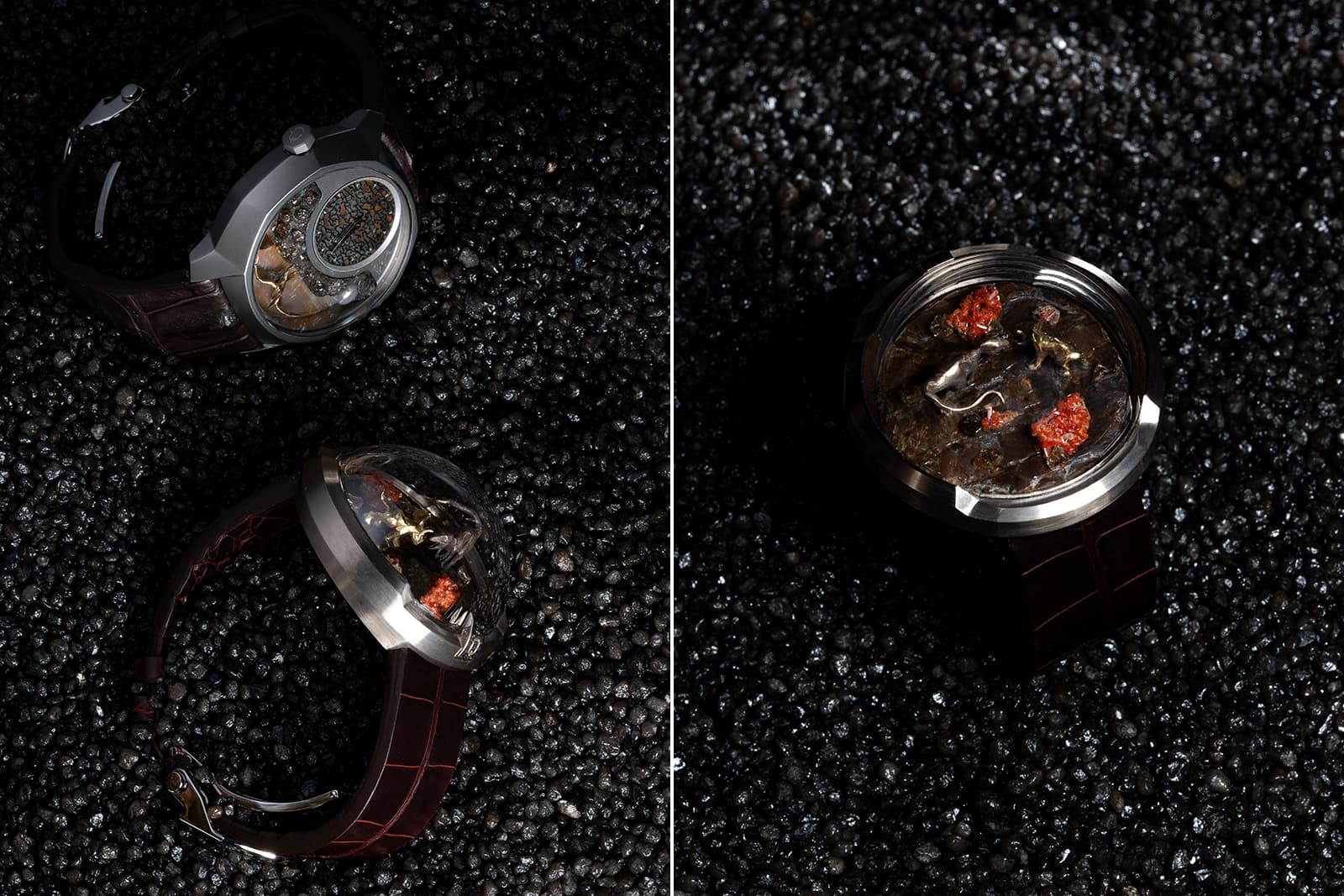 The Qannati Objet d'Art Jurassic Quantum timepiece and Jurassic Eternity Bracelet (left) and a closer look at the Jurassic Eternity Bracelet (right) with opalised ammolite fossil, rough diamonds and yellow and white gold