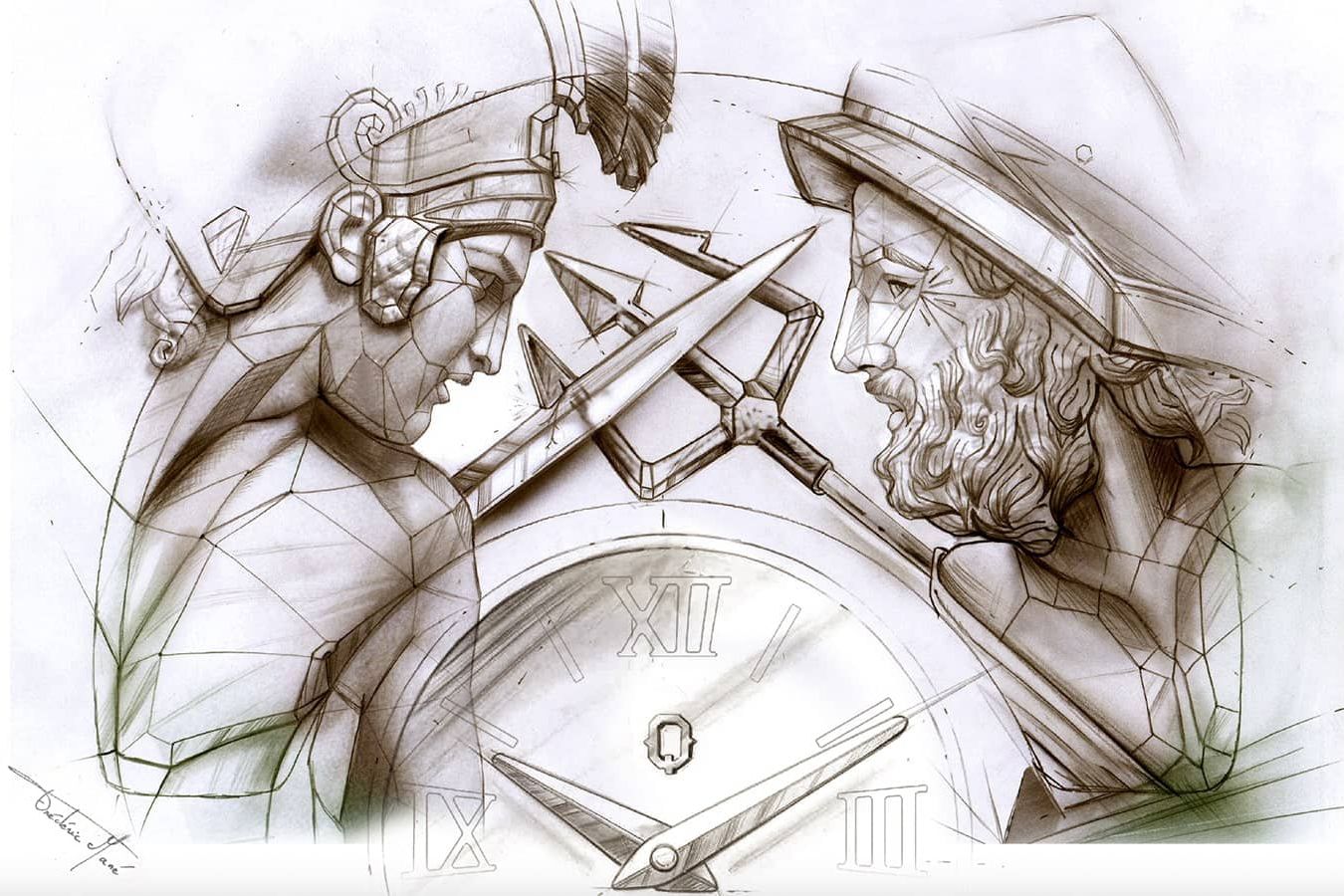  A design concept sketch for the dial of the Qannati Objet d'Art Gladiators Quantum timepiece