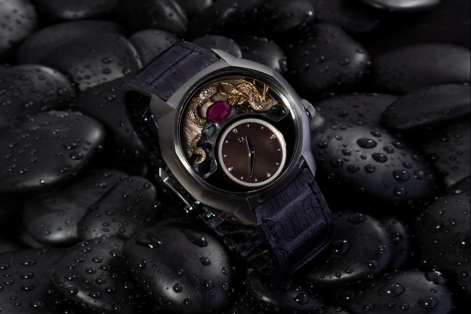 Qannati Objet d'Art First Civilisation Quantum timepiece with mother of pearl, ruby, black sapphire and gold in a titanium case