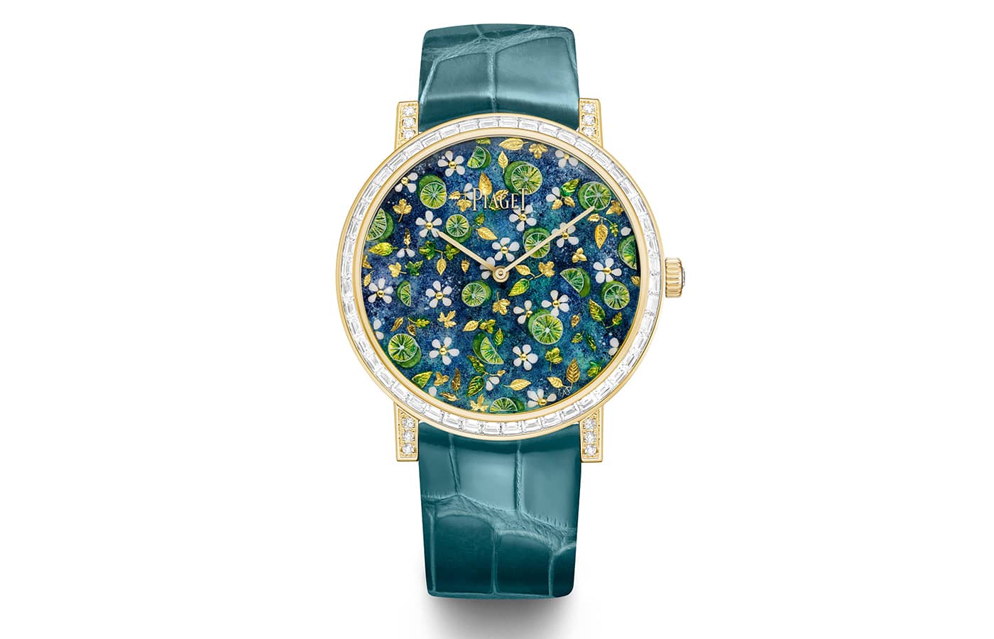 Piaget Festive Sharing Watch in yellow gold, white gold, diamond, with a hand painted enamel dial by Anita Porchet, on a blue green alligator leather strap, from the Solstice by Piaget High Jewellery Collection, Chapter Two  