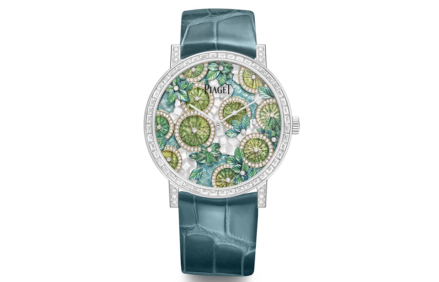  Piaget Joyful Sharing Watch in diamond, mother-of-pearl and peridot glyptic by Dick Steenman and enamel by Anita Porchet on a blue green alligator leather strap, from the Solstice by Piaget High Jewellery  Collection, Chapter Two