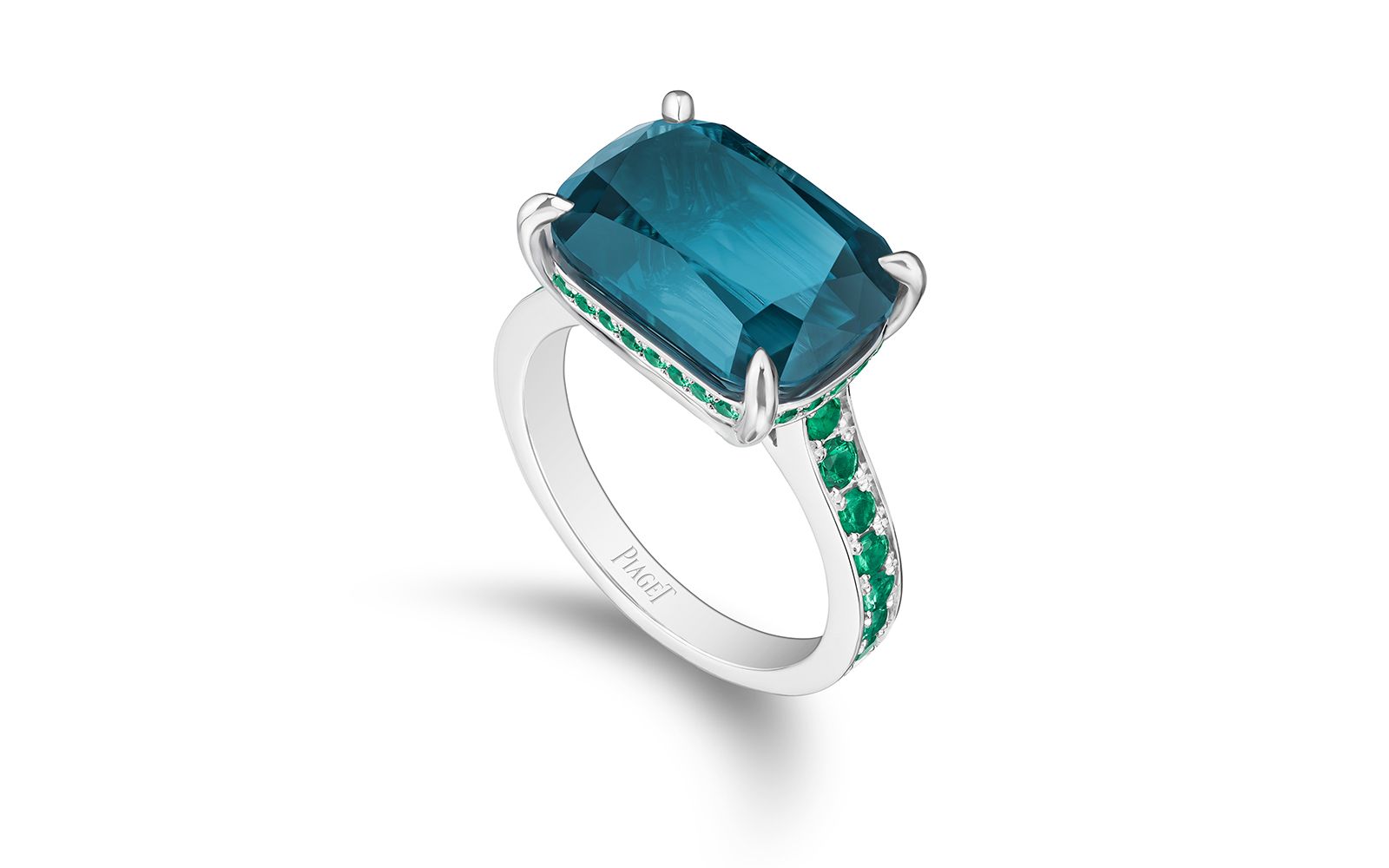  Piaget Royal Blue transformable ring in solitaire form, in white gold, an 8.68-ct. cushion-cut indicolite tourmaline and emeralds, from the Solstice by Piaget High Jewellery Collection, Chapter Two  