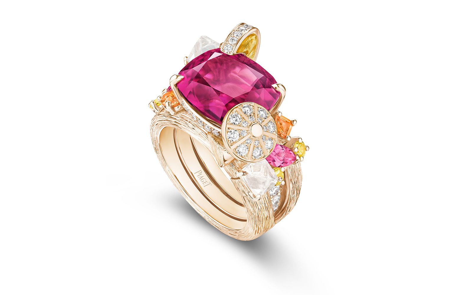 Piaget Lady Pink transformable ring in rose gold, a 9.99 cushion-cut  rubellite, sapphire, spinel, spessartite, citrine and diamond, from the Solstice by Piaget High Jewellery Collection, Chapter Two