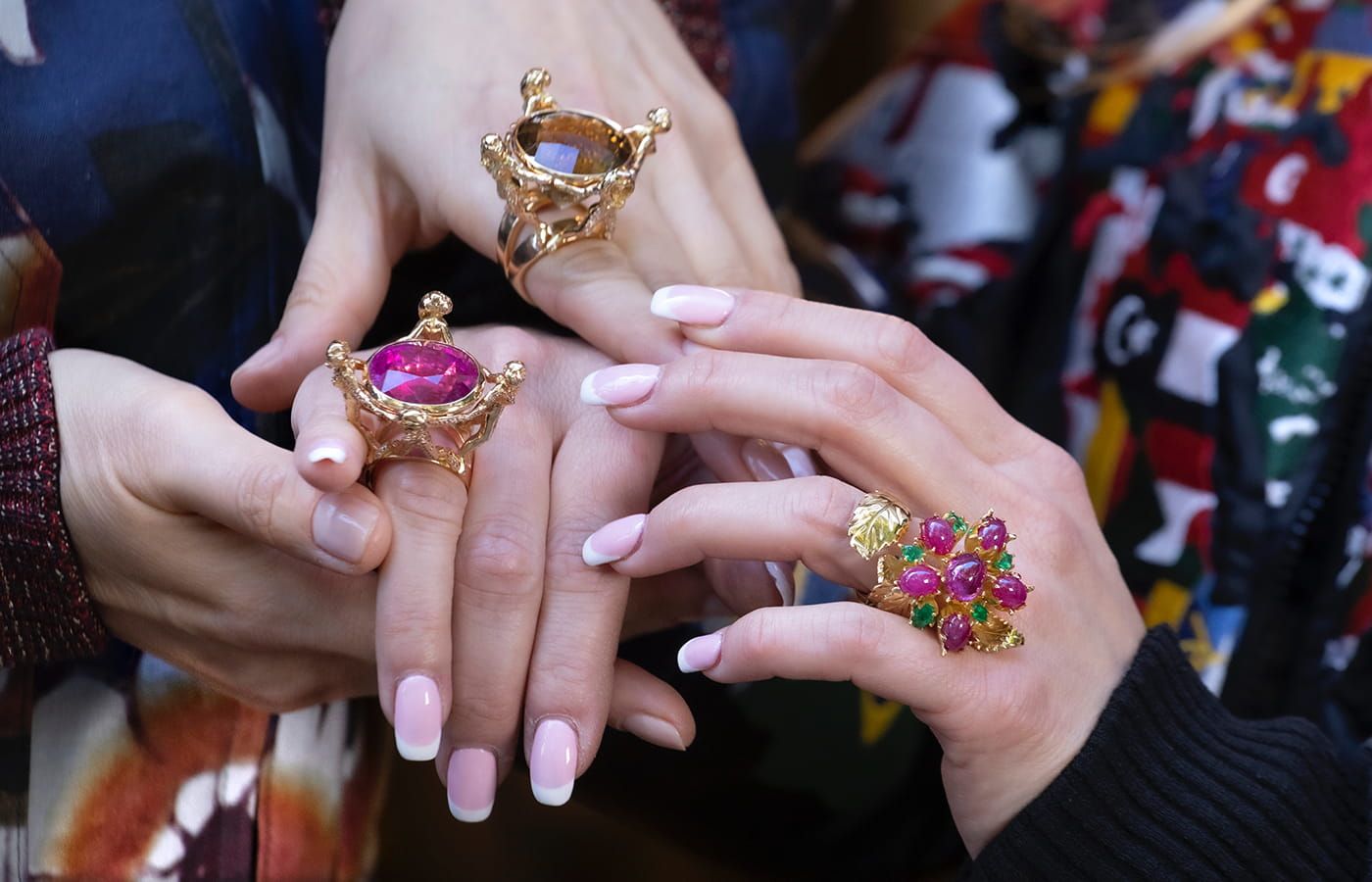 Coloured gemstone cocktail rings by Nathalie Knauf Jewels, including two inspired by the Henri Matisse painting, The Dance