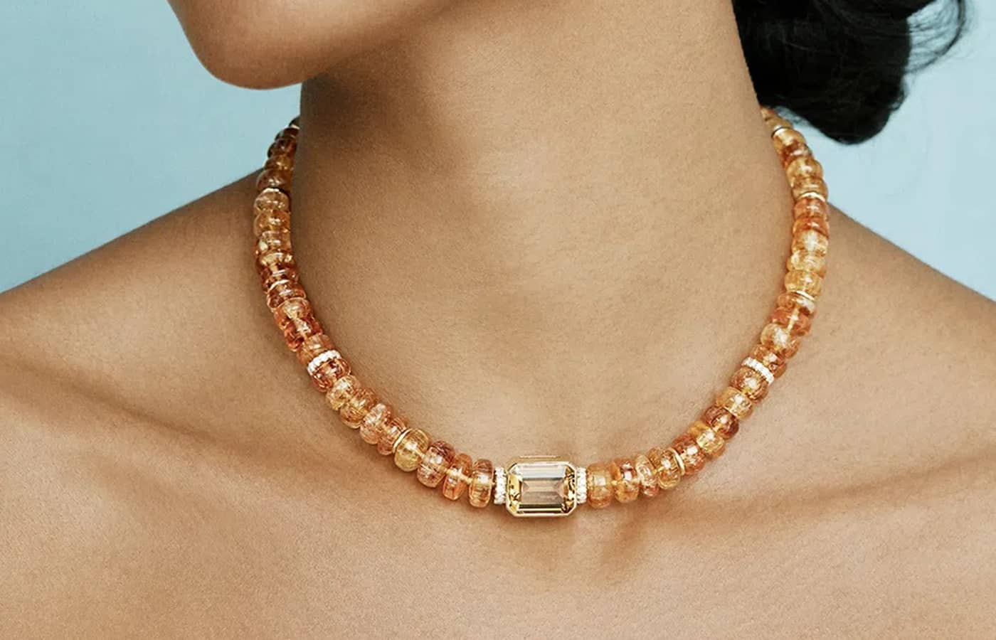 Model wearing Sauer Amazonia Imperial Topaz Necklace in Yellow Gold, Citrine Diamond and Imperial Topaz 
