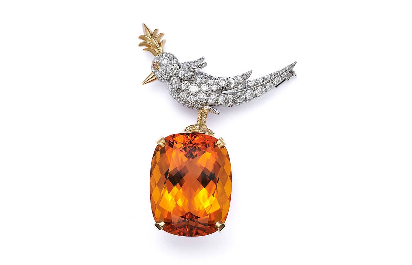 Tiffany & Co. Schlumberger Bird on a Rock brooch in yellow gold, platinum, a Citrine of over 57-cts, diamonds and a pink sapphire 