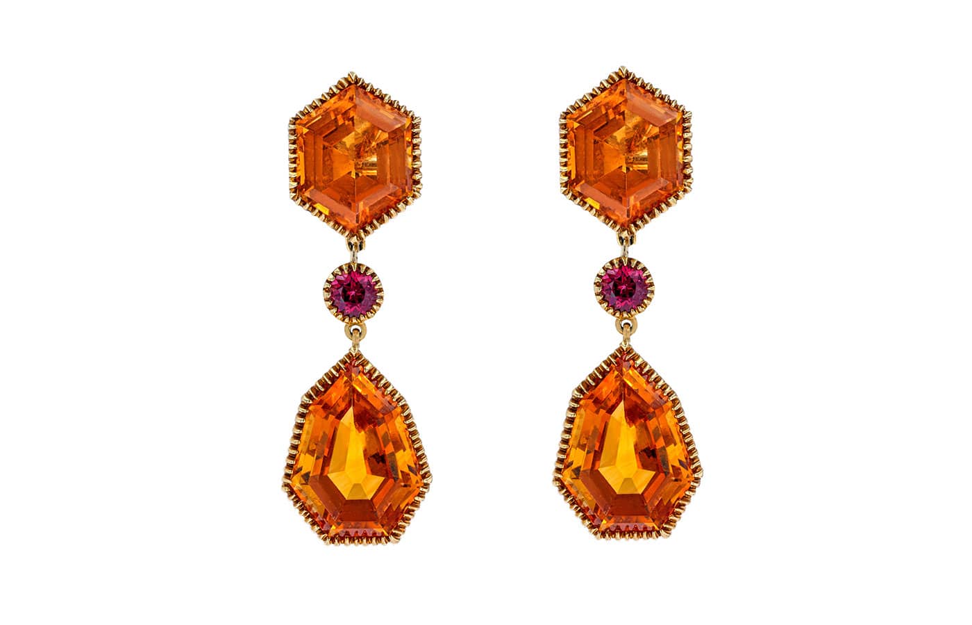  Pragnell Verdura earrings in yellow gold, ruby and a 26.81-cts citrine, c1970