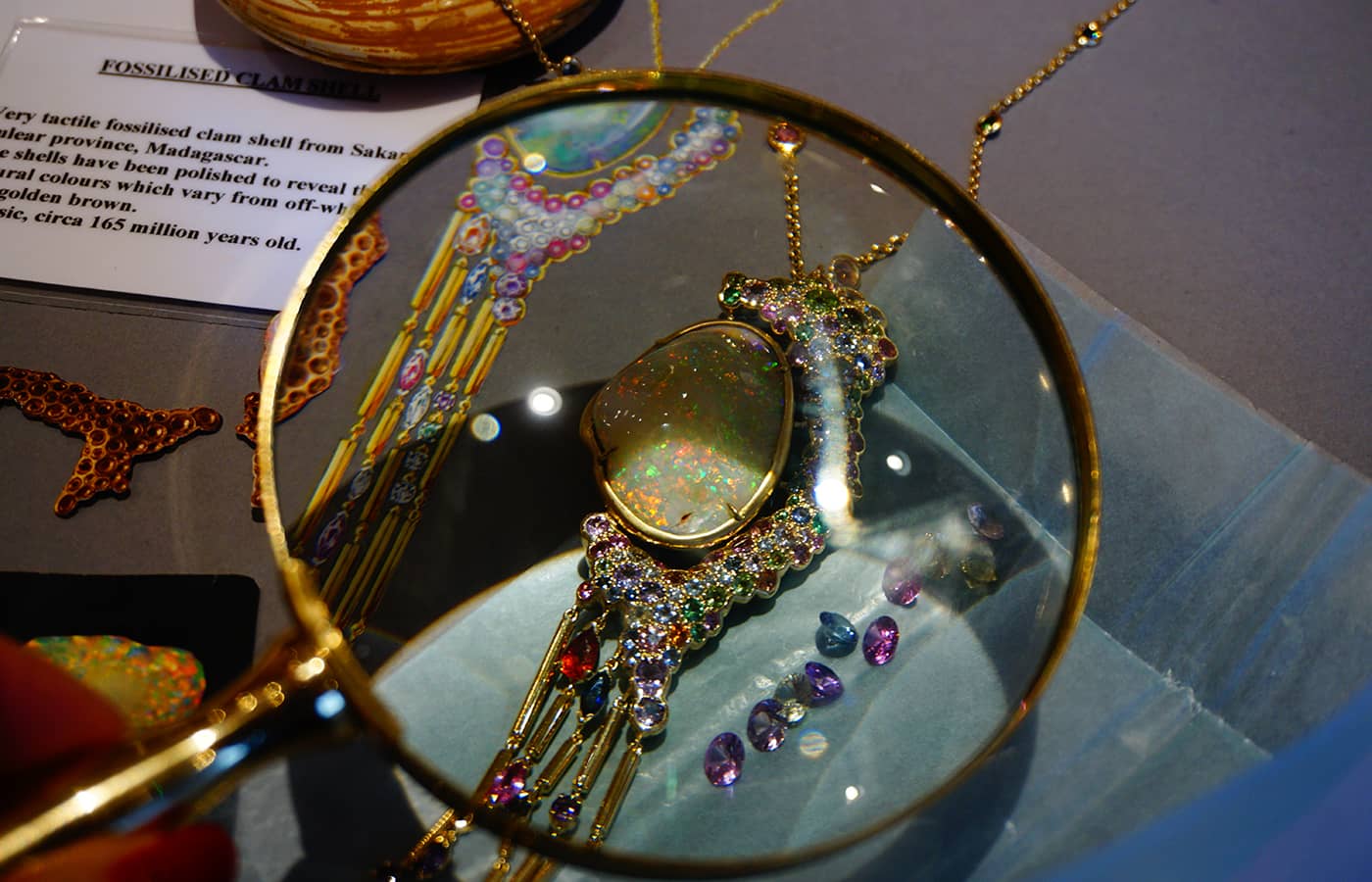 K&Co London Aurelia Aurita sautoir necklace with rare opalised clam shell, multi-coloured gemstones and an 18k yellow gold 'skirt' 