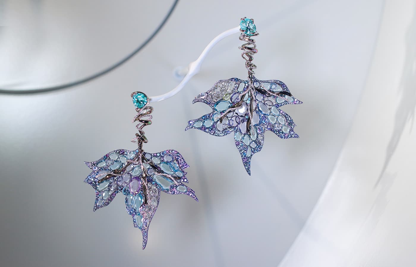 Feng J 'Blue Maple Leaf' earrings with a pair of 4.80 carat Paraiba tourmalines, double rose-cut spinel, aquamarine, tanzanite and diamonds in 18k electroplated gold