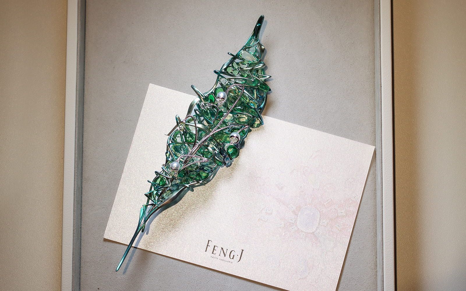 Feng J 'Lily of Valley in Canvas' brooch with double rose-cut chrysoberyls, aquamarines, pearls, tsavorites, diamond beads and further diamonds in titanium