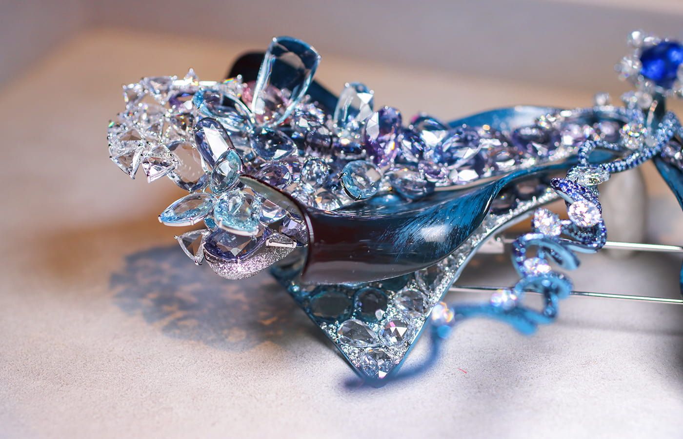  Feng J ‘A Dragonfly Wearing Moonlight’ brooch with double rose-cut pink sapphires, aquamarines, black spinels and rose-cut diamonds