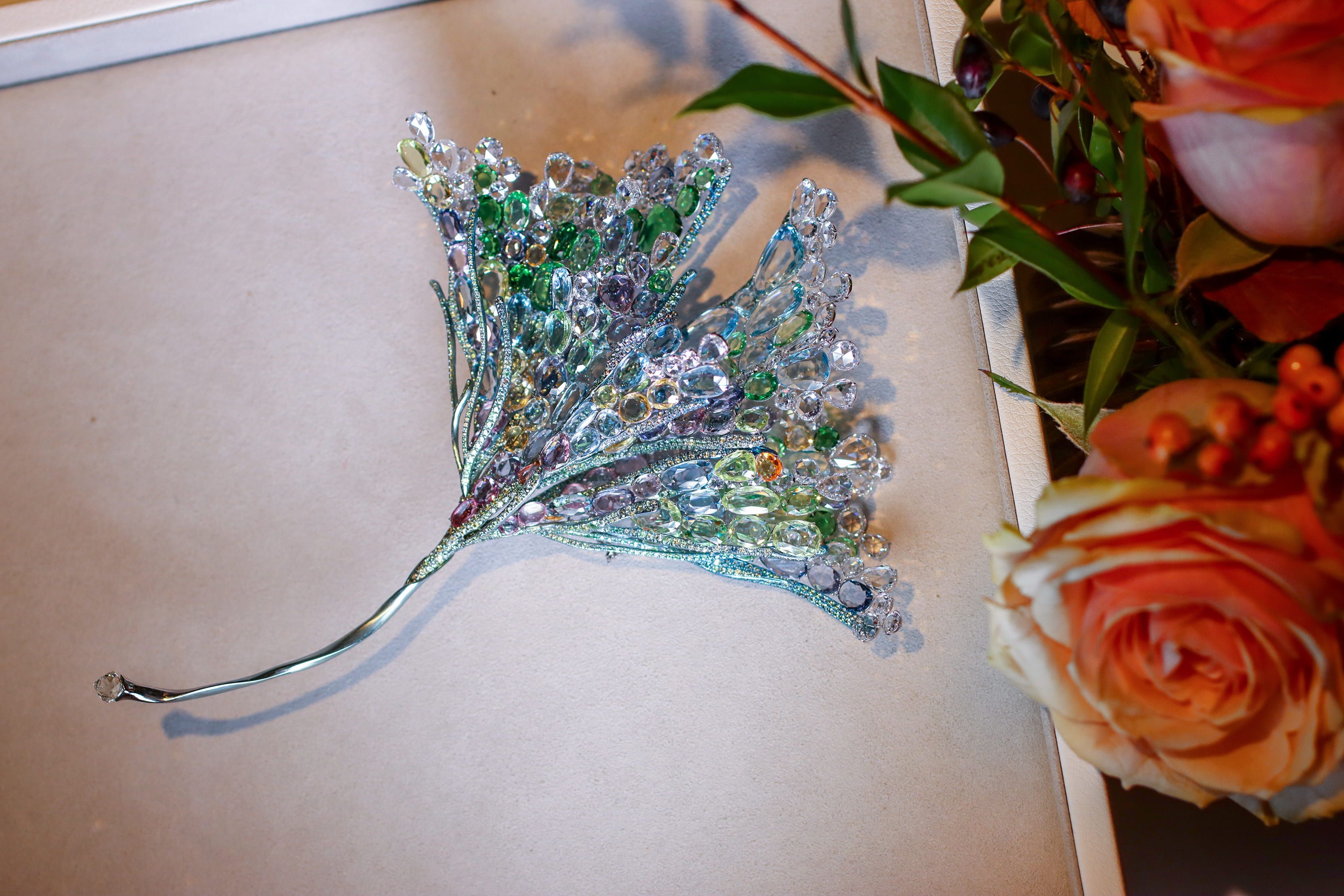 Feng J ‘Ginkgo Leaf of Impressionism’ brooch with double rose-cut sapphires, tsavorites, aquamarines, chrysoberyls, spinels and rose-cut diamonds in titanium