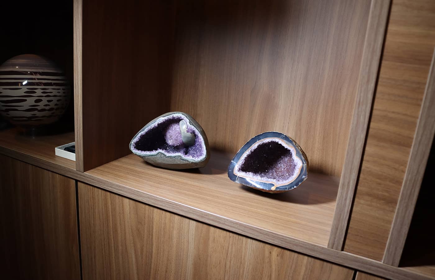  Amethyst geodes on display in La Butte aux Bois Hotel dining room 