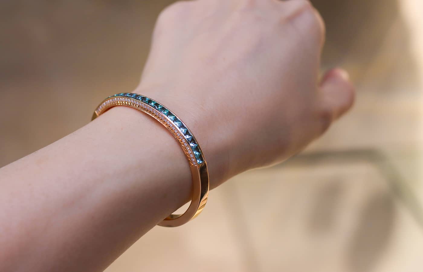  Jochen Leën Paraiba tourmaline and diamond bangle set in rose gold