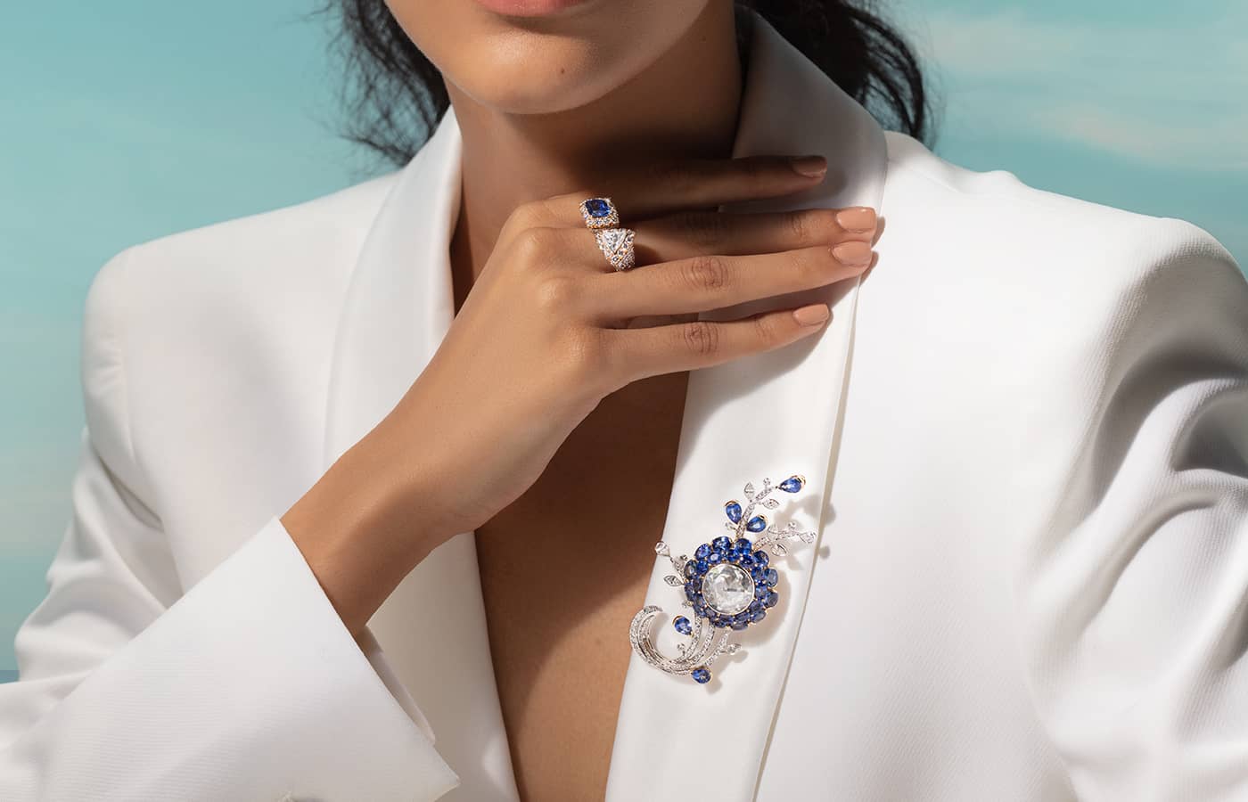 Sapphire and diamond High Jewellery ring and brooch by Alok Lodha