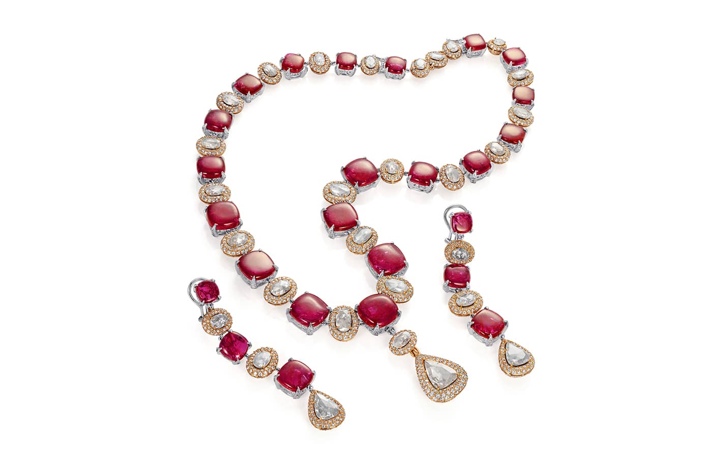 The Lazarus necklace set by Alok Lodha featuring 96.60 cts of cabochon pigeon blood rubies from Mozambique and diamonds