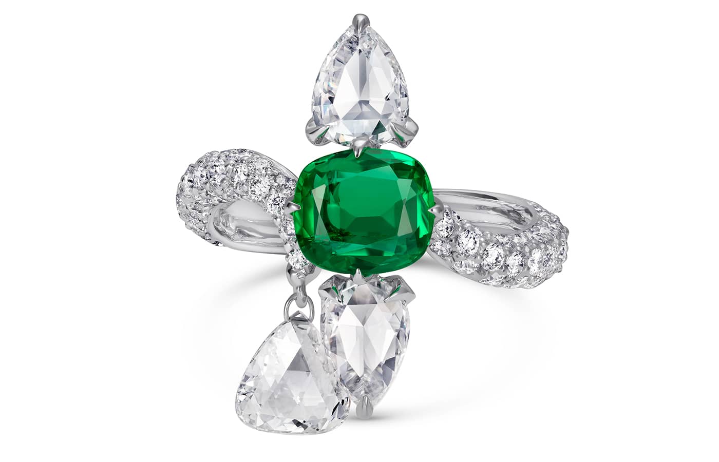 The Clove of Viridian ring by Alok Lodha featuring emeralds and diamonds