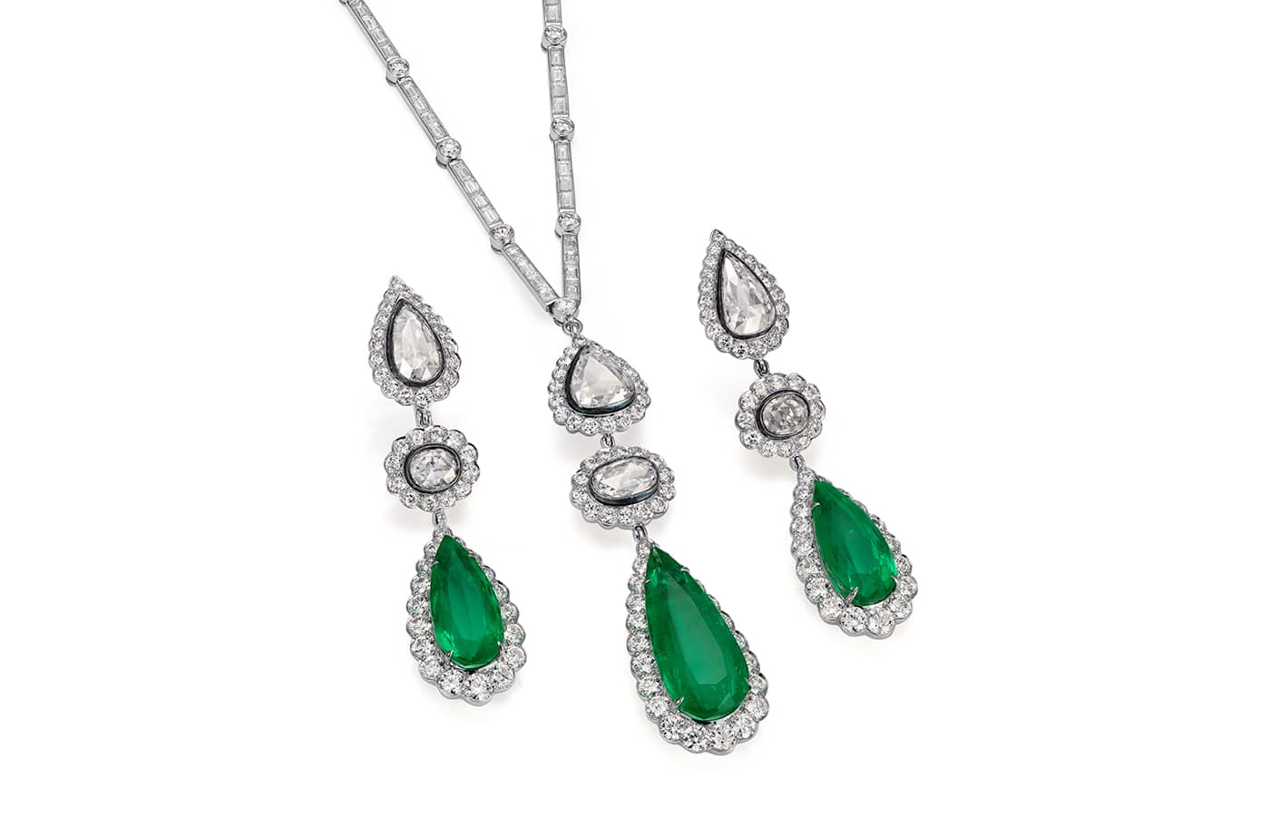  Emerald and diamond High Jewellery earrings and necklace by  Alok Lodha