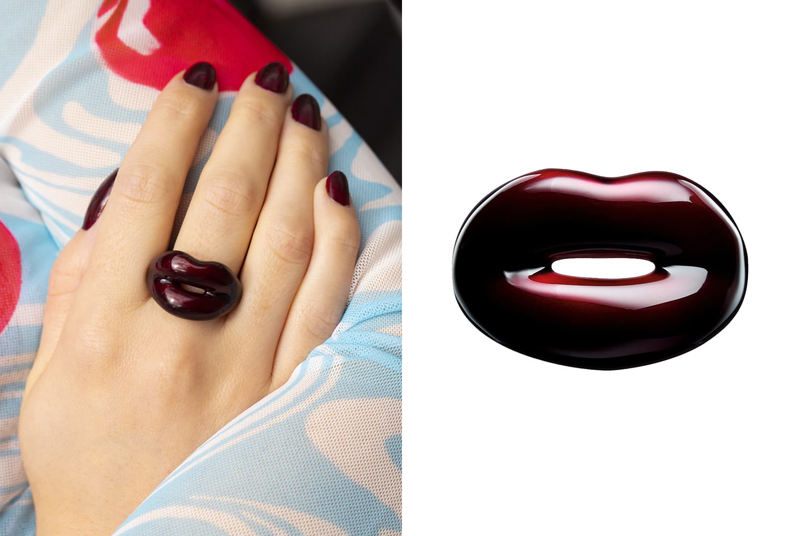 Black Cherry Hotlips ring created in hand painted enamel and 100% recycled sterling silver by Solange Azagury-Partridge