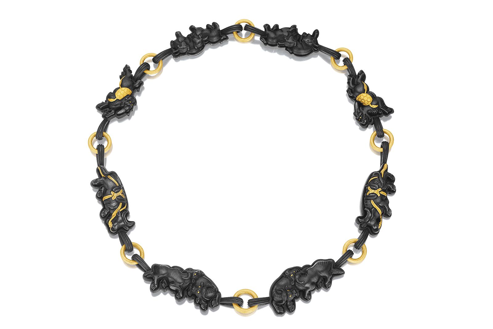 Sean Gilson Shakudo (Japanese alloy), menuki (decorative metal ornaments) and 22k yellow gold necklace