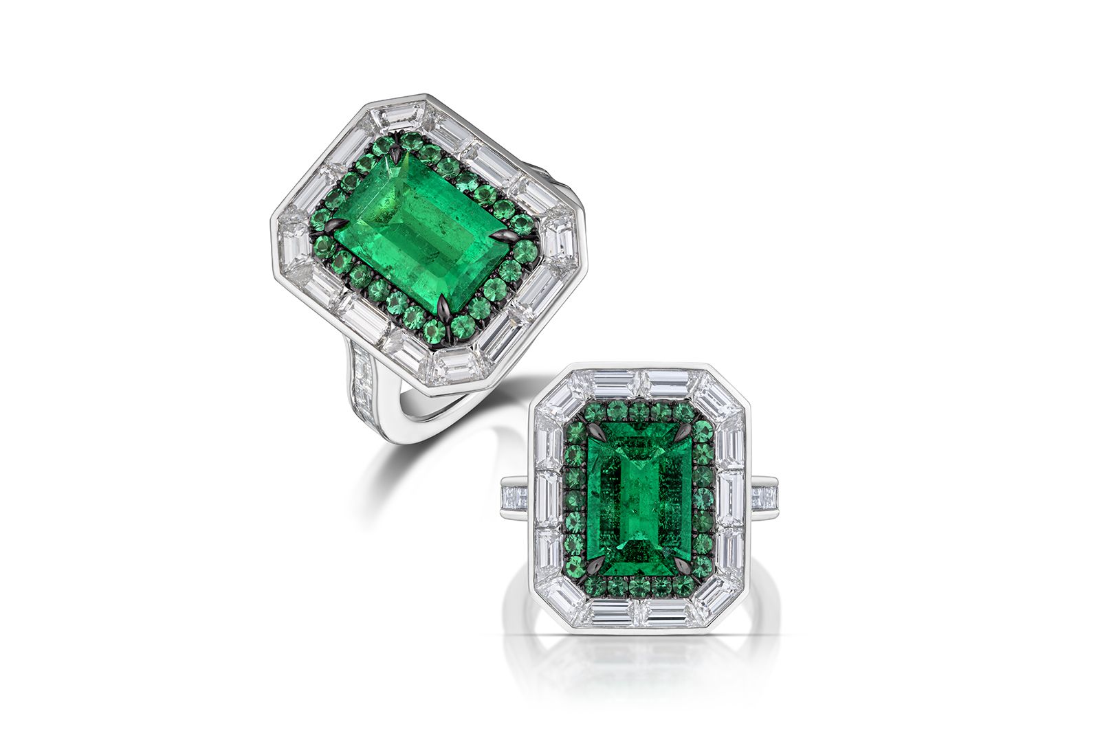 AGTA Spectrum Awards™ 2022 Bridal Wear 1st Place - Gabriel Angulo of Pompos Jewelry Corporation with a 2.55 carat rectangular emerald-cut Colombian emerald accented with 24 round emeralds, 22 custom-cut baguette diamonds and 62 round brilliant-cut diamonds in platinum 