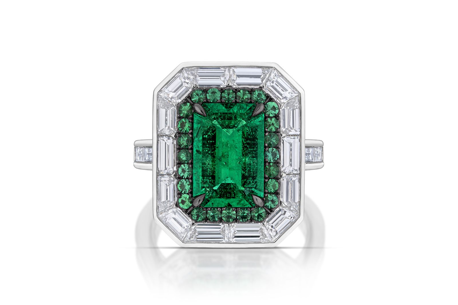  AGTA Spectrum Awards™ 2022 Bridal Wear 1st Place - Gabriel Angulo of Pompos Jewelry Corporation with a 2.55 carat rectangular emerald-cut Colombian emerald accented with 24 round emeralds, 22 custom-cut baguette diamonds and 62 round brilliant-cut diamonds in platinum 