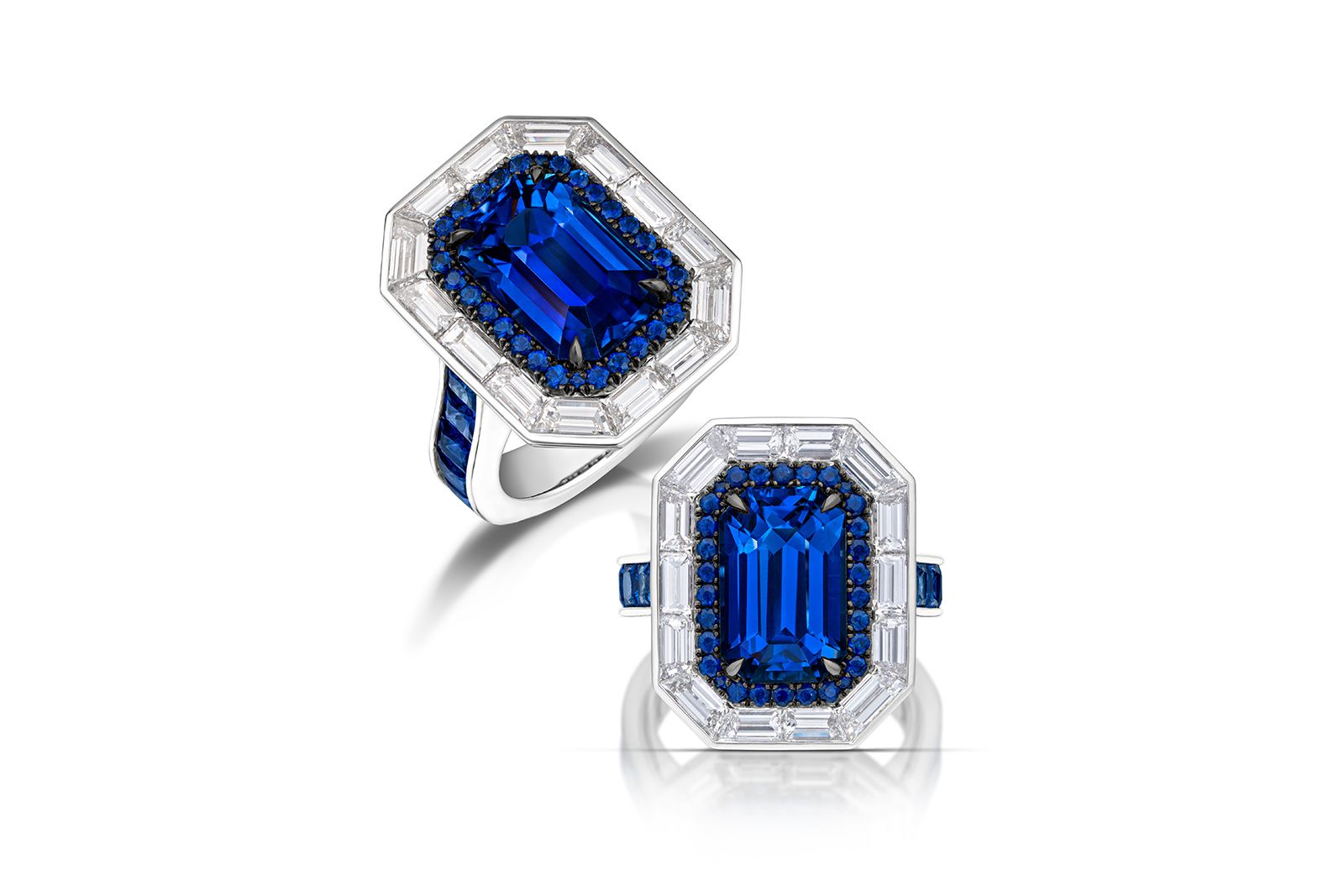 AGTA Spectrum Awards™ 2022 Classical 1st Place - Gabriel Angulo of Pompos Jewelry Corporation with a 6.29 carat blue Ceylon sapphire accented with 14 custom-cut baguette diamonds, 10 princess-cut sapphires, 30 round sapphires and 58 round brilliant-cut diamonds