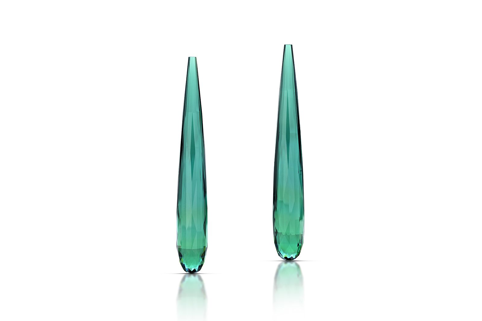 AGTA Cutting Edge Awards™ 2022 Pairs & Suites - 1st Place and Best of Single Entries Cutting Edge - Robert Knupfer of Knupfer International Gems, Inc. with a pair of blue/green briolette drop tourmalines totalling 75.57 carats