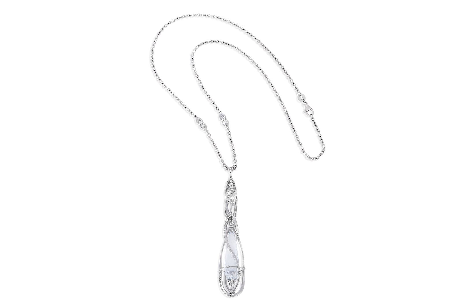 AGTA Spectrum Awards™ 2022 Evening Wear Platinum Honours Winner – Jeffrey Bilgore Platinum Light of Earendil pendant with a 16.30 carat natural white briolette sapphire accented with 204 round diamonds and four pear-shaped diamonds 