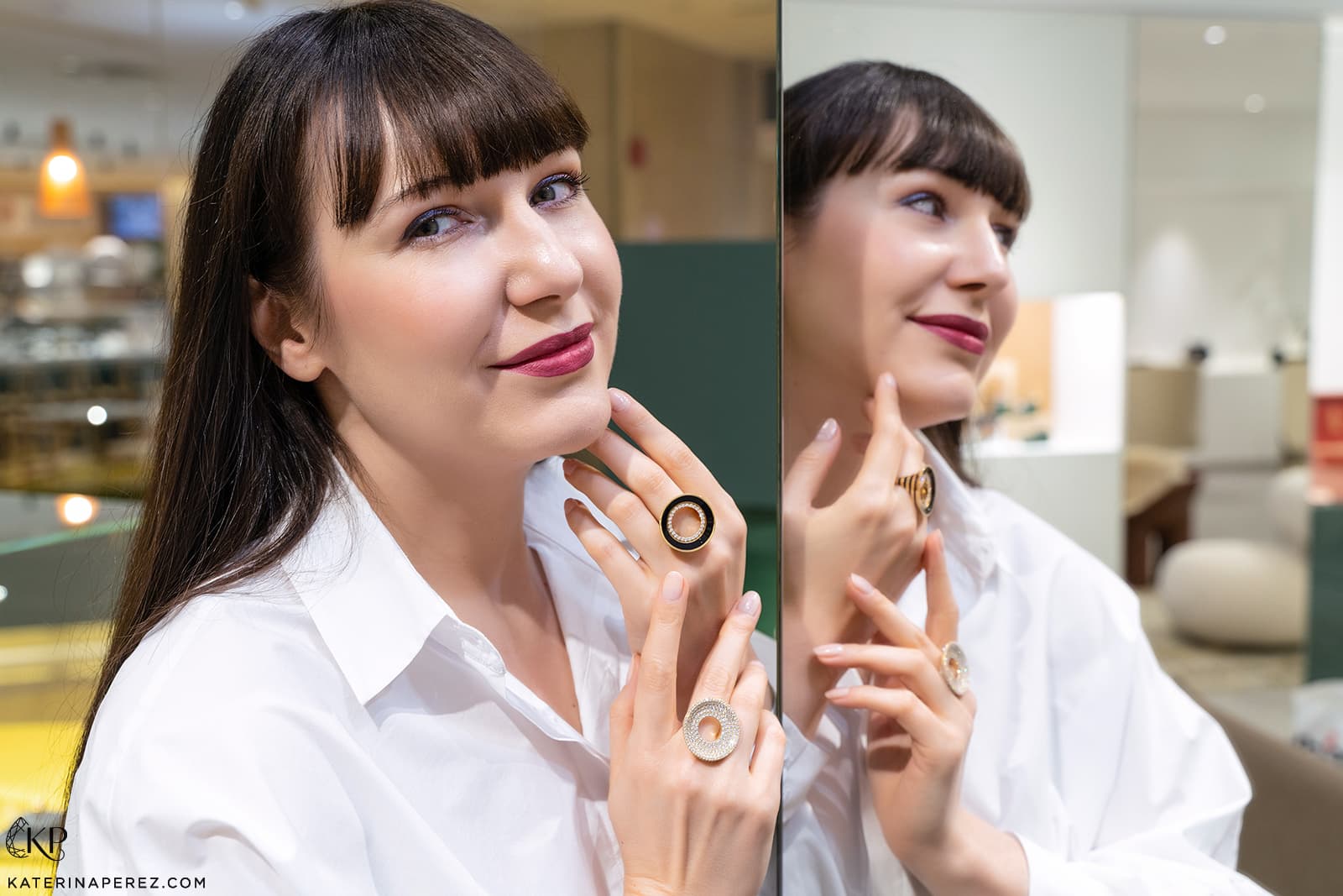 Katerina Perez wears rings by State Property, including the Drew Pavé Drape ring with 5.48 carats of diamonds in 18k yellow gold