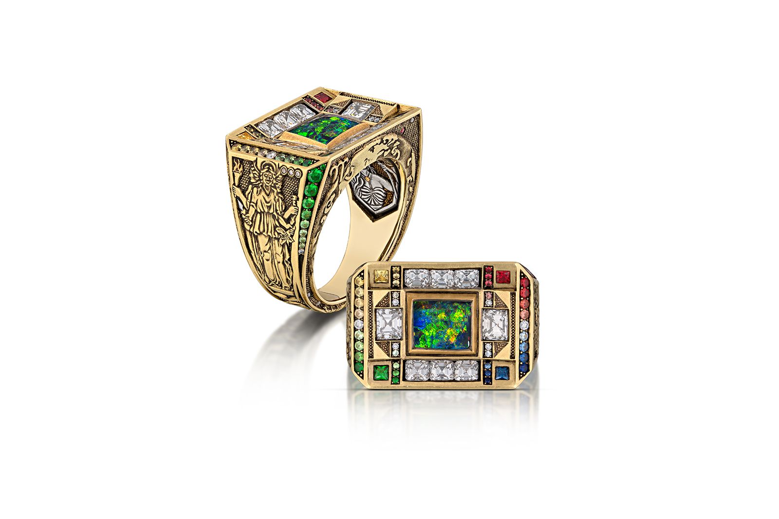  AGTA Spectrum Awards™ 2022 Best of Single Entries - Spectrum, Men’s Wear - 3rd Place & Men’s Wear - Manufacturing Honors – Buddy Austin of Third Eye Assembly with the Underworld ring in 18k yellow and white gold, platinum, 22k rose gold and 24k yellow gold with a 1.62 carat black opal, tsavorite garnets, sapphires and diamonds 