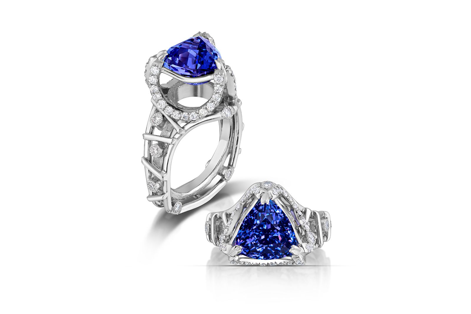  AGTA Spectrum Awards™ 2022 Best Use of Platinum Crown - Brenda Smith ring with a 6.54 carat trillion-cut tanzanite accented with round diamonds 