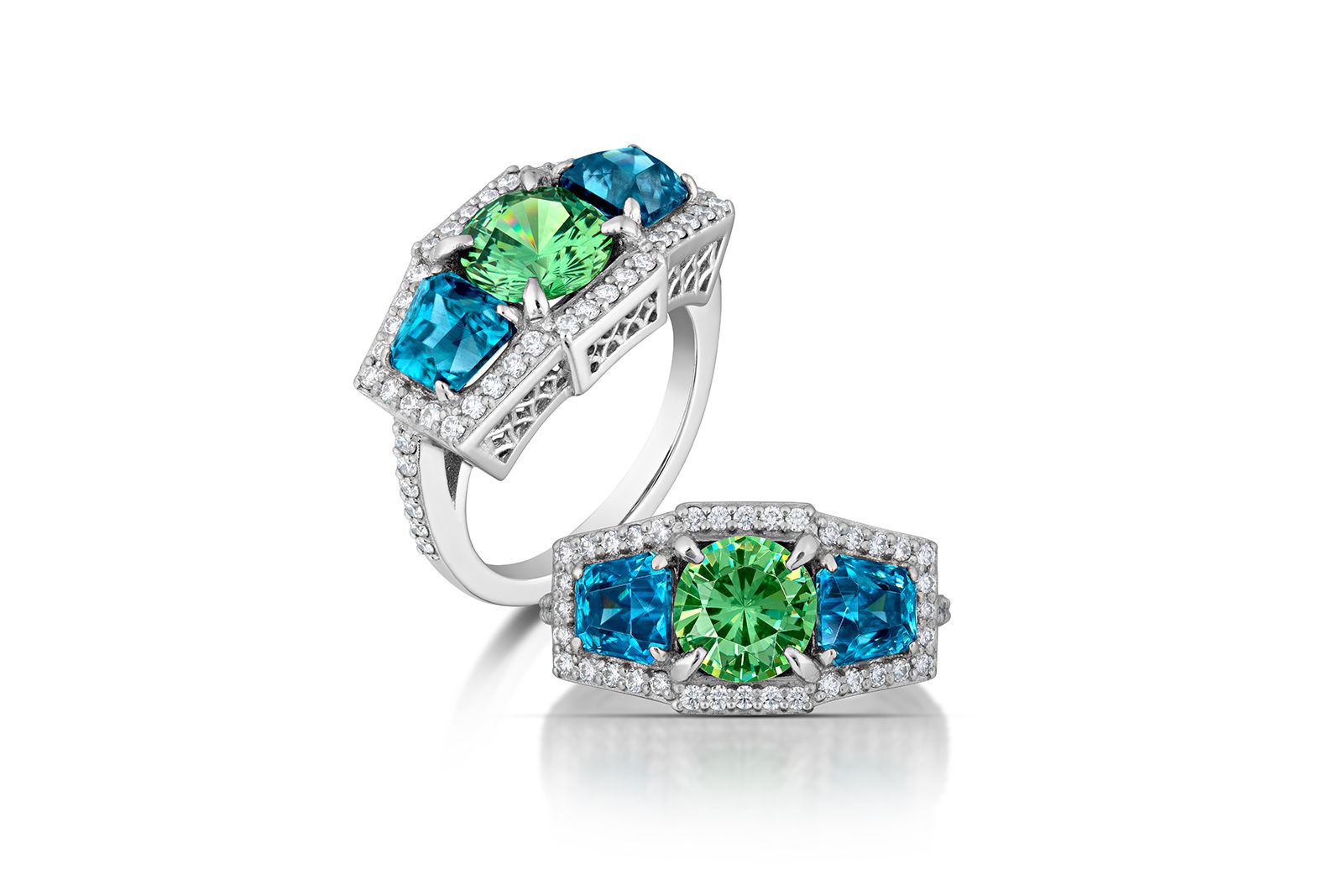  AGTA Spectrum Awards™ 2022 Best Use of Platinum and Colour - Mary van der Aa Platinum Aria ring with a 2.10 carat demantoid garnet accented with blue zircons of 3 carats and diamonds